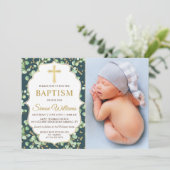 Moderne Greenery Gold Glitter Baptisme Foto Kaart (Staand voorkant)