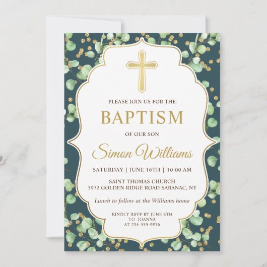 Moderne Greenery Gold Glitter Baptisme Invitation Kaart (Voorkant)