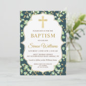 Moderne Greenery Gold Glitter Baptisme Invitation Kaart (Staand voorkant)