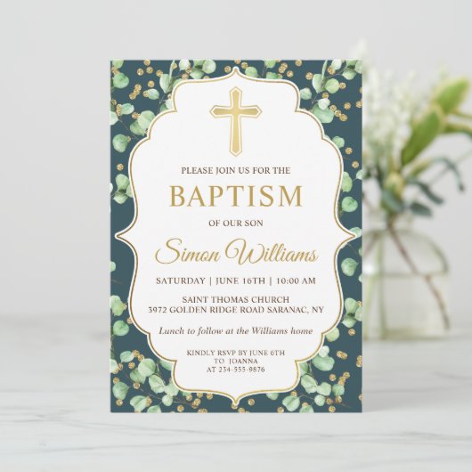 Moderne Greenery Gold Glitter Baptisme Invitation Kaart (Staand voorkant)
