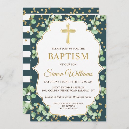 Moderne Greenery Gold Glitter Baptisme Invitation Kaart (Voorkant / Achterkant)