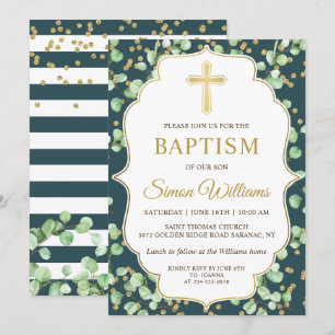 Moderne Greenery Gold Glitter Baptisme Invitation Kaart