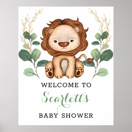 Moderne Greenery Gold Lion Baby shower Welkom Poster (Voorkant)