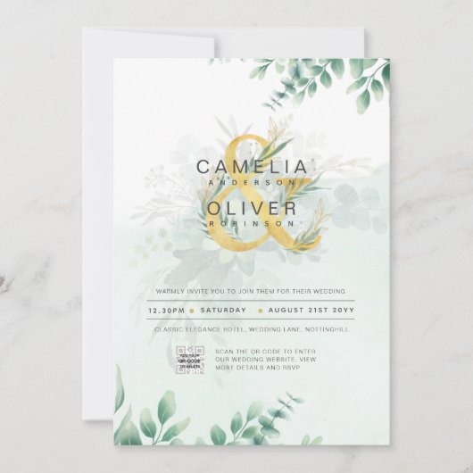 Moderne Greenery PHOTO Weddenschap QR CODE Kaart (Voorkant)