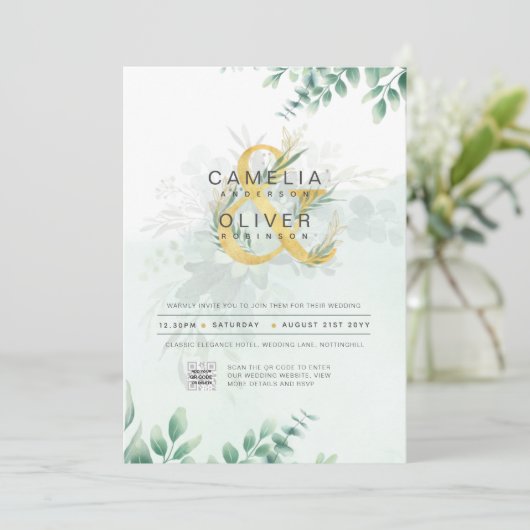Moderne Greenery PHOTO Weddenschap QR CODE Kaart (Staand voorkant)