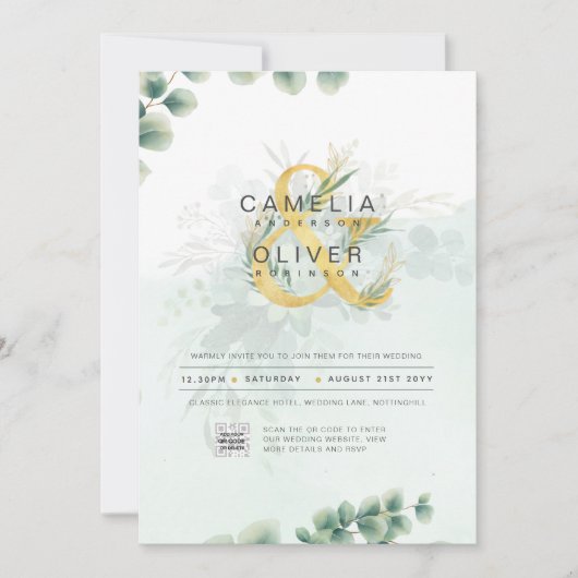 Moderne Greenery PHOTO Weddenschap QR CODE Kaart (Voorkant)
