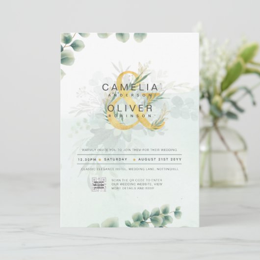 Moderne Greenery PHOTO Weddenschap QR CODE Kaart (Staand voorkant)