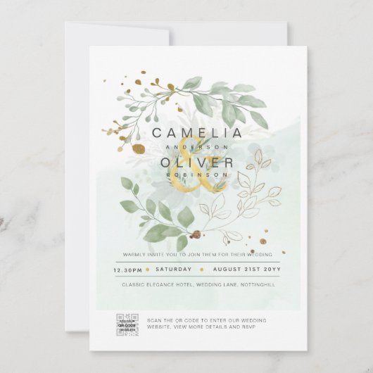 Moderne Greenery PHOTO Weddenschap QR CODE Kaart (Voorkant)