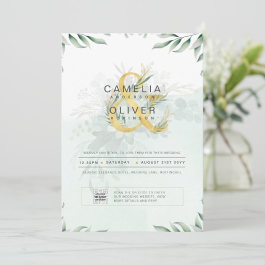 Moderne Greenery PHOTO Weddenschap QR CODE Kaart (Staand voorkant)