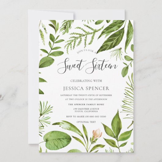 Moderne Greenery Summer Spring Sweet 16 Invite Kaart (Voorkant)