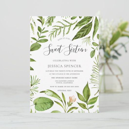 Moderne Greenery Summer Spring Sweet 16 Invite Kaart (Staand voorkant)