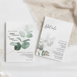 Moderne Greenery White — allemaal in één keer Kaart<br><div class="desc">Deze moderne groenwitte details in één huwelijksuitnodigingsontwerp zijn eenvoudig te mengen en coördinerende stijlen in zwart-wit aan te passen, met delicate groene elementen die een schitterende bloei toevoegen rond eenvoudige, geavanceerde typografie en een prachtig, minimaal kalligrafiekscript. De waterverf eucalyptus en andere botanische bladeren zijn prachtig doorheen, met donkere smaragd in...</div>