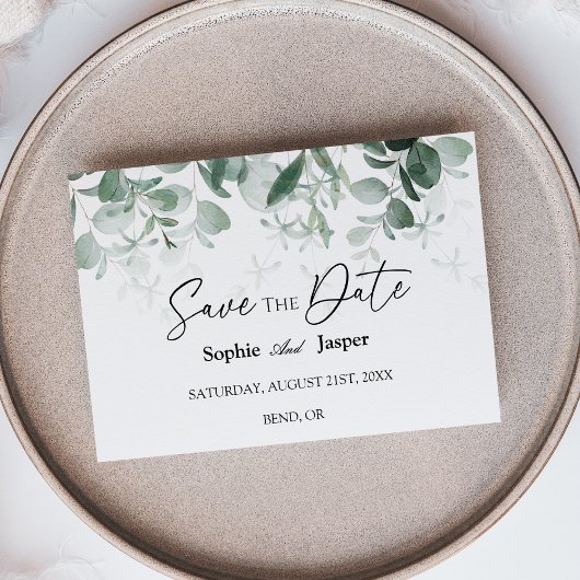 Moderne Greenery White Flat Save the Date Kaart