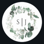 Moderne Greenery White Monogram Wedding Sticker<br><div class="desc">Dit moderne grove witte monogram trouwmodel is voorzien van een eenvoudige mix en past de coördinerende stijlen in zwart-wit aan met delicate groene elementen, waardoor de sticker zich schitterend kan ontwikkelen rond eenvoudige, geavanceerde typografie en een prachtig, minimaal kalligrafiescript. De waterverf eucalyptus en andere botanische bladeren zijn prachtig doorheen, met...</div>