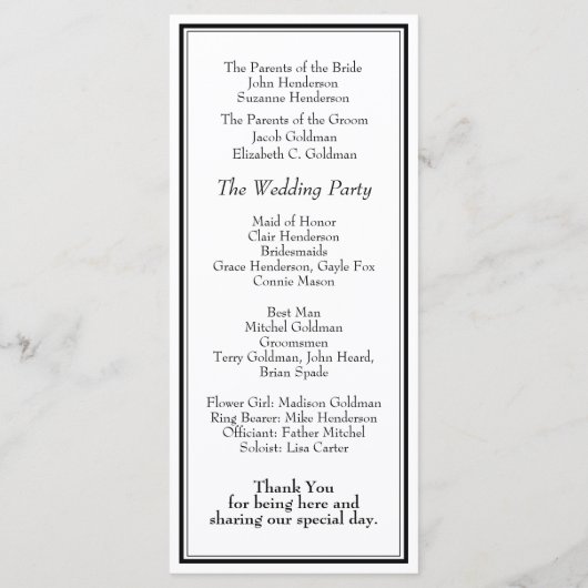 Moderne grens minimalistisch zwart withuwelijk programmakaart (Achterkant)