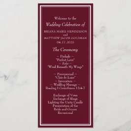 Moderne grensminimalistische Bourgogne bruiloft Programmakaart