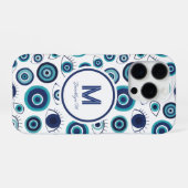 Moderne Griekse Boze Oog Blauwe Witte Monogram iPhone Hoesje (Achterkant horizontaal)