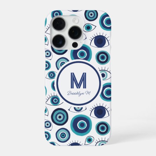 Moderne Griekse Boze Oog Blauwe Witte Monogram iPhone Hoesje (Achterkant)