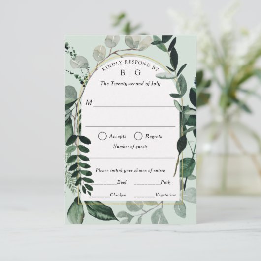 Moderne Griekse buitentuin bruiloft RSVP (Staand voorkant)