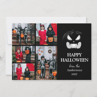 Moderne Griezelige Pompoen Script Halloween 5 Foto Feestdagenkaart