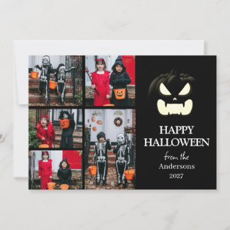 Moderne Griezelige Pompoen Script Halloween 5 Foto Feestdagenkaart
