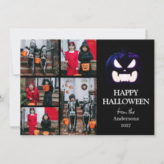 Moderne Griezelige Pompoen Script Halloween 5 Foto Feestdagenkaart