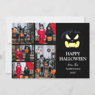 Moderne Griezelige Pompoen Script Halloween 5 Foto Feestdagenkaart