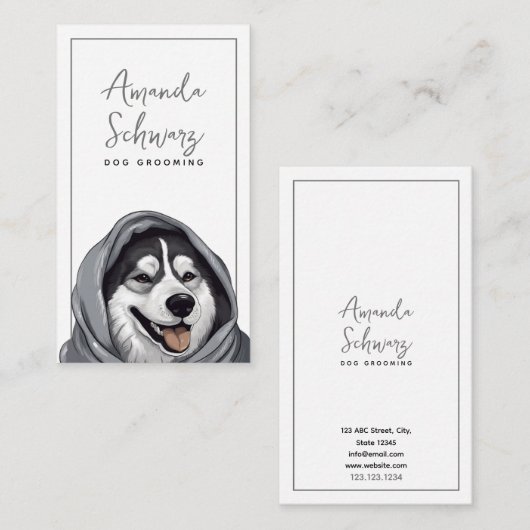 Moderne Grijs en Wit Leuke Husky Hond Grooming Visitekaartje (Voorkant / Achterkant)