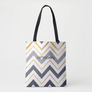 Moderne Grijs & Goud Chevron Gepersonaliseerde Can Tote Bag