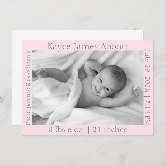 Moderne grijs op pastroze geboorte aankondiging (Voorkant / Achterkant)