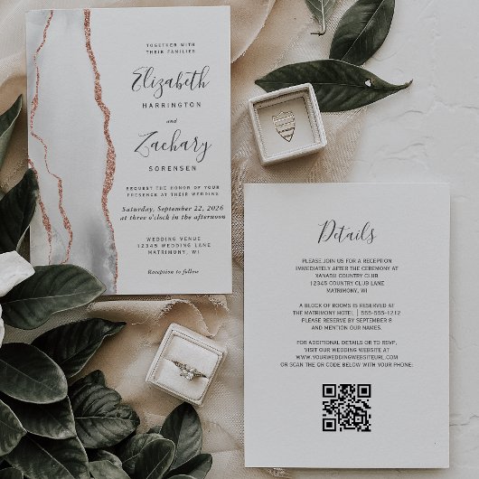 Moderne Grijs Roos Gouden Agaat QR Code Wedding Kaart