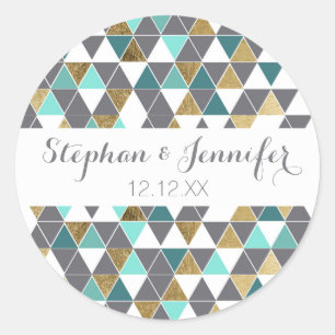 Moderne Grijs Wit Blauwgroen en Faux Gold Driehoek Ronde Sticker