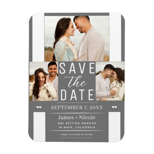 Moderne Grijs Witte Save the Date 3 Foto Bruiloft Magneet (Verticaal)