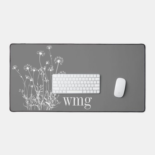 Moderne Grijs & Witte Wildbloemen Monogram Bureaumat (Keyboard & Muis)
