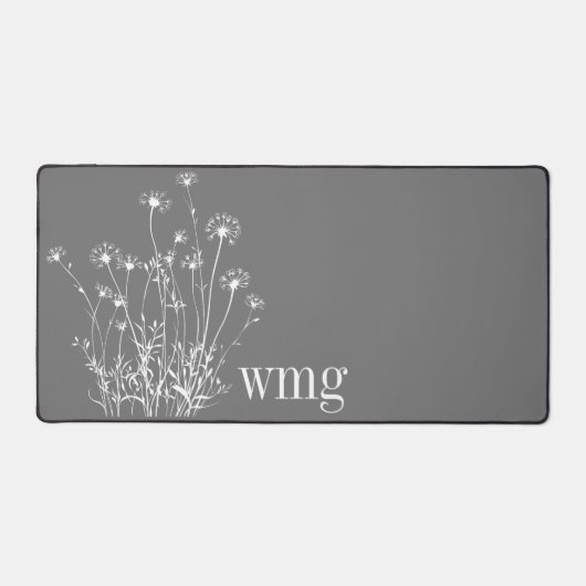 Moderne Grijs & Witte Wildbloemen Monogram Bureaumat (Voorkant)