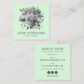 Moderne grijsbloemen waterverf rozen mintgroen vierkante visitekaartje (Voorkant / Achterkant)