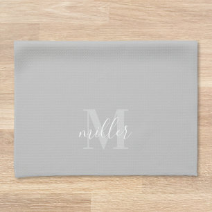 Moderne grijze aangepaste familienaam monogram theedoek