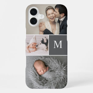 Moderne grijze aangepaste monogram fotocollage iPhone 16 plus hoesje