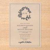 Moderne Grijze Bladerige Kuif Monogram Trouw- Acryl Uitnodigingen (Voorkant)