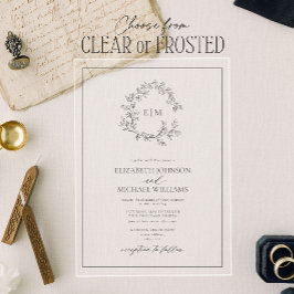 Moderne Grijze Bladerige Kuif Monogram Trouw- Acryl Uitnodigingen