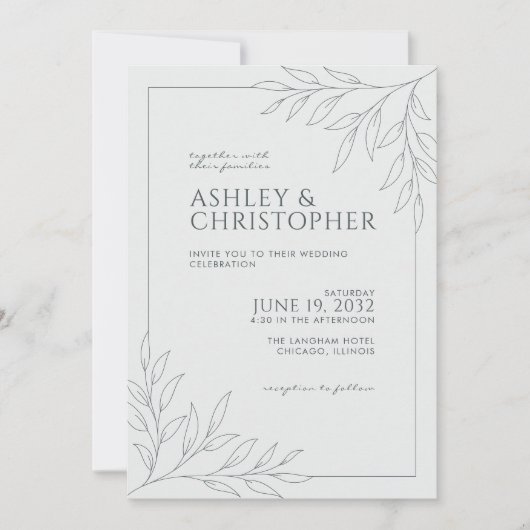 Moderne Grijze Bladzijde Omtrek All-in-One Bruilof Kaart (Voorkant)