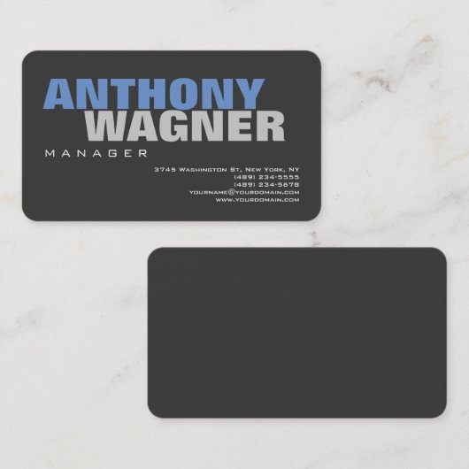 Moderne grijze blauwe tekst minimalistisch legant visitekaartje (Voorkant / Achterkant)