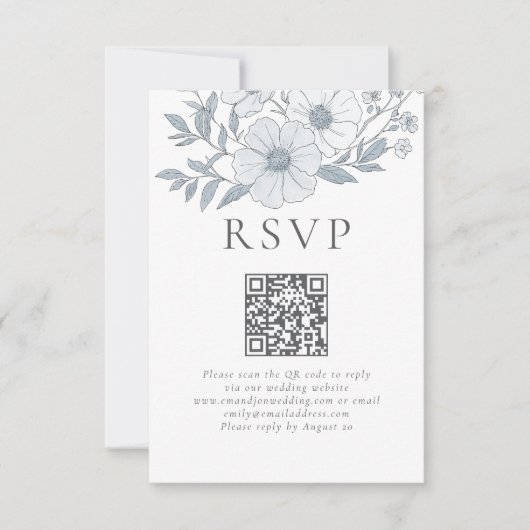 Moderne Grijze Bloemen QR Code Huwelijk RSVP Kaartje (Voorkant)