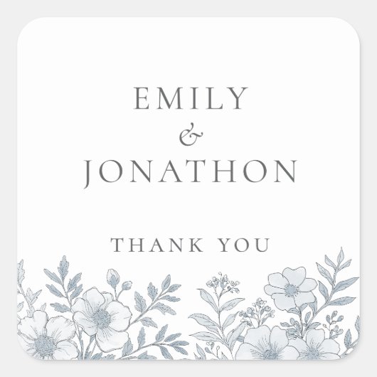 Moderne Grijze Bloemen Trouwen Dank u Vierkante Sticker (Voorkant)