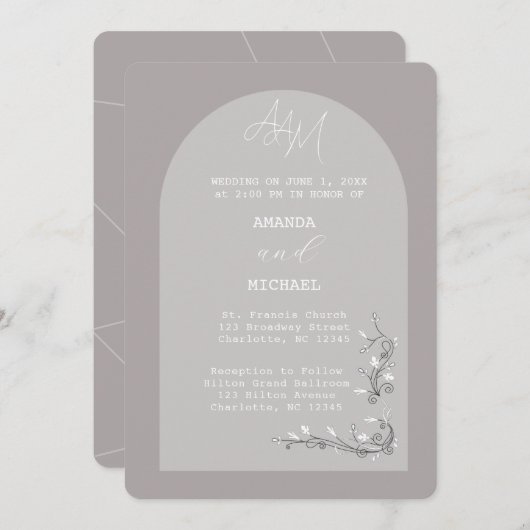 Moderne Grijze Boog Bruiloft Uitnodiging (Voorkant / Achterkant)