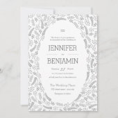 Moderne grijze bruiloftsinvitaties met bladmotief kaart (Voorkant)