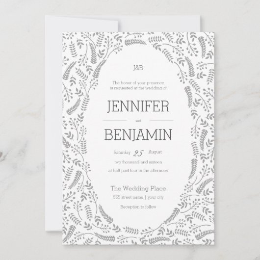 Moderne grijze bruiloftsinvitaties met bladmotief kaart (Voorkant)