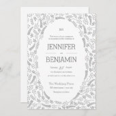 Moderne grijze bruiloftsinvitaties met bladmotief kaart (Voorkant / Achterkant)