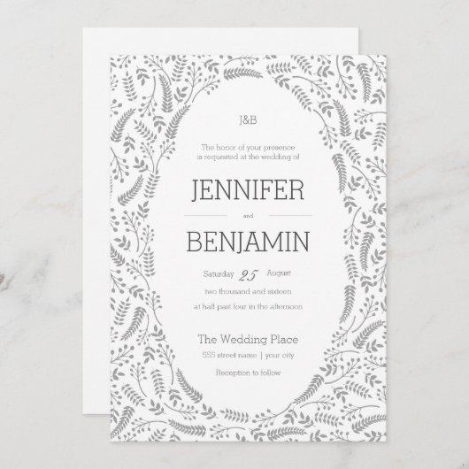 Moderne grijze bruiloftsinvitaties met bladmotief kaart (Voorkant / Achterkant)