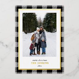 Moderne Grijze Buffel Plaid Kerstmis Twee foto's Folie Feestdagenkaart